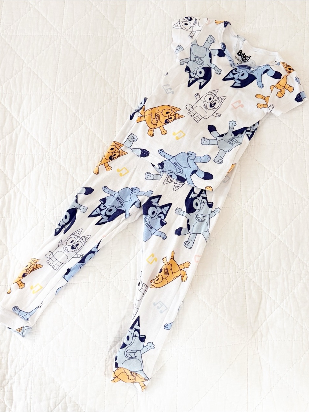 Bluey White Kids Pajama Set with Blue and Yellow Character Print 4T